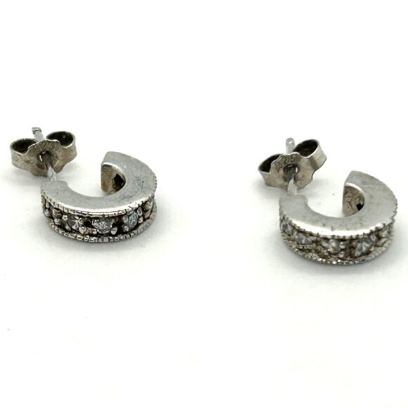Sterling Silver 925 Petite Hoop Earrings Post With Channel Set Crystals 3/8 inch - Picture 1 of 10